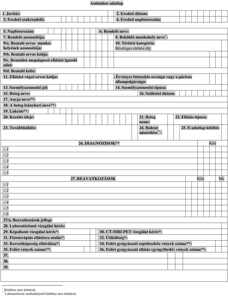 Ellátást végzı orvos kódja:. Érvényes biztosítás országa vagy a páciens állampolgársága: 13. Személyazonosító jel: 14. Személyazonosító típusa: 15. Beteg neve: 16. Születési dátum: 17.