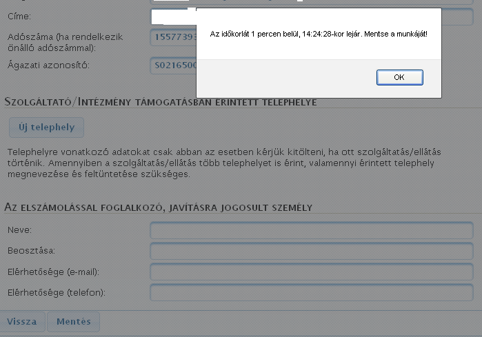 Megjelenő képernyőfelület: 2.) Adatok módosítása Amennyiben a rendszer által automatikusan beemelt adatokban változás történt, akkor lehetőség van annak módosítására.