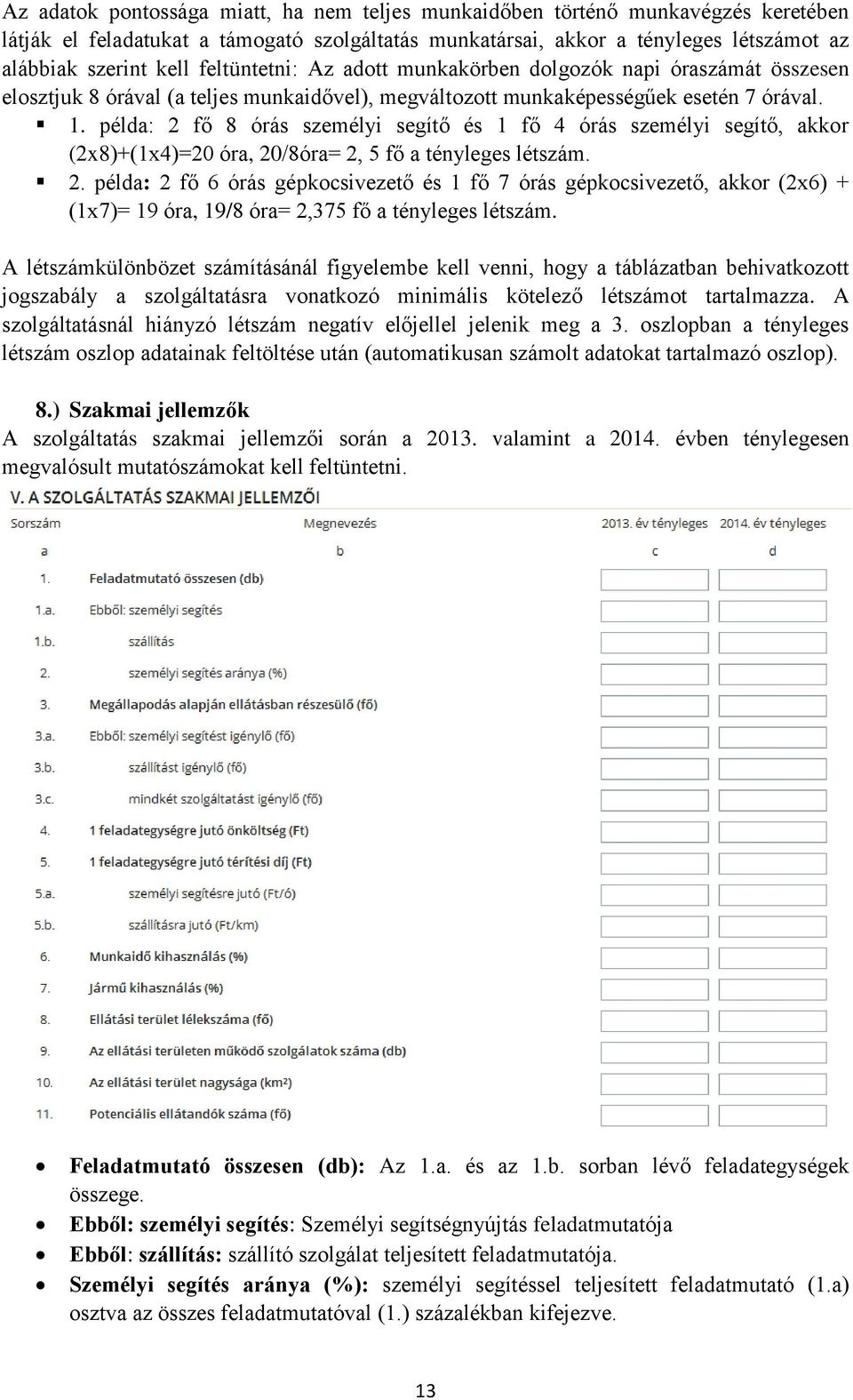 példa: 2 fő 8 órás személyi segítő és 1 fő 4 órás személyi segítő, akkor (2x8)+(1x4)=20 óra, 20/8óra= 2, 5 fő a tényleges létszám. 2. példa: 2 fő 6 órás gépkocsivezető és 1 fő 7 órás gépkocsivezető, akkor (2x6) + (1x7)= 19 óra, 19/8 óra= 2,375 fő a tényleges létszám.