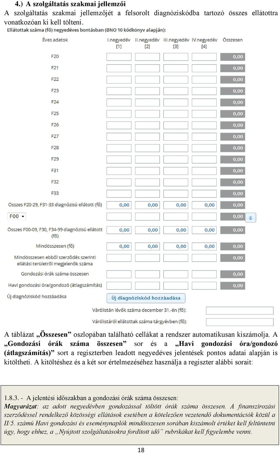 A Gondozási órák száma összesen sor és a Havi gondozási óra/gondozó (átlagszámítás) sort a regiszterben leadott negyedéves jelentések pontos adatai alapján is kitöltheti.