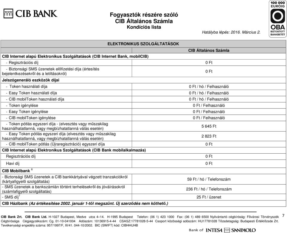 Token igénylése / Felhasználó - Easy Token igénylése / Felhasználó - CIB mobiltoken igénylése / Felhasználó - Token pótlás egyszeri díja - (elvesztés vagy műszakilag használhatatlanná, vagy