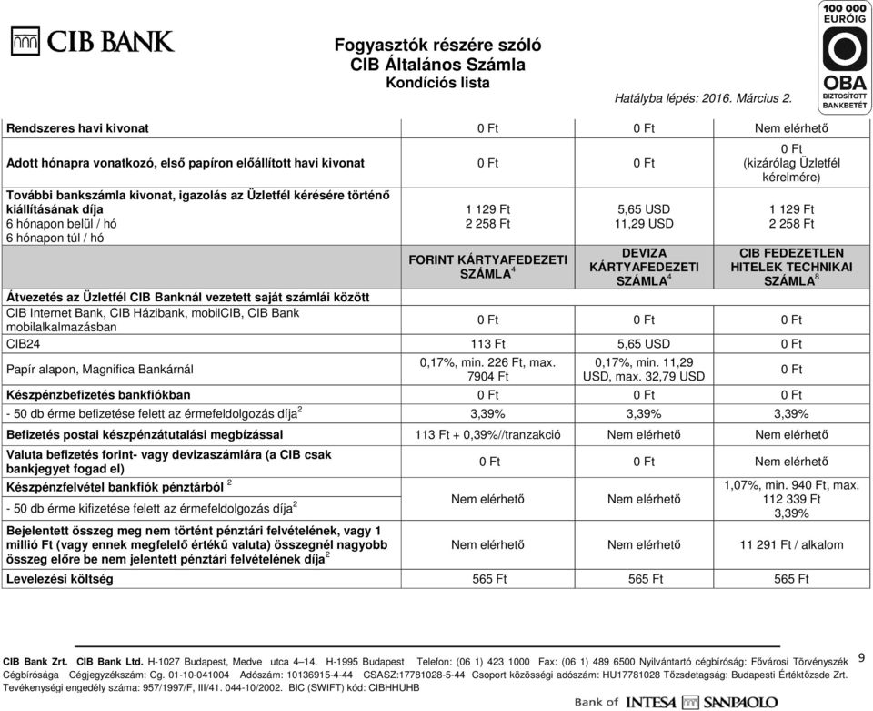 TECHNIKAI SZÁMLA 4 SZÁMLA 8 Átvezetés az Üzletfél CIB Banknál vezetett saját számlái között mobilalkalmazásban 113 Ft 5,65 USD 0,17%, min. 226 Ft, max. 7904 Ft 0,17%, min. 11,29 USD, max.