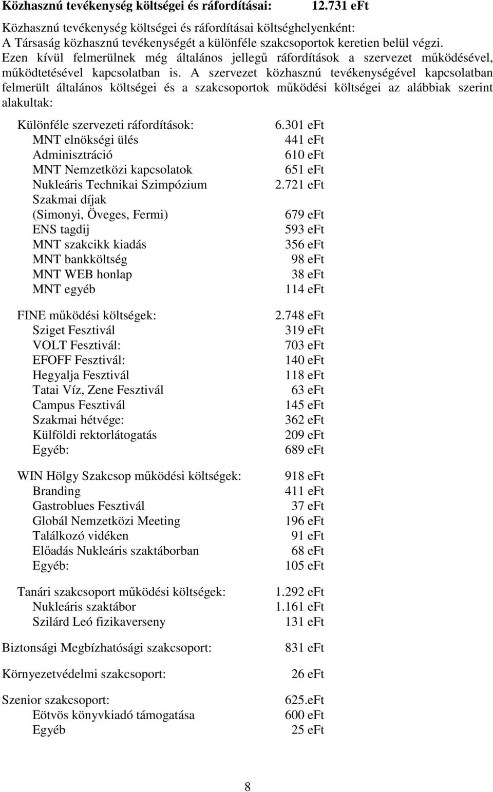 Ezen kívül felmerülnek még általános jellegű ráfordítások a szervezet működésével, működtetésével kapcsolatban is.