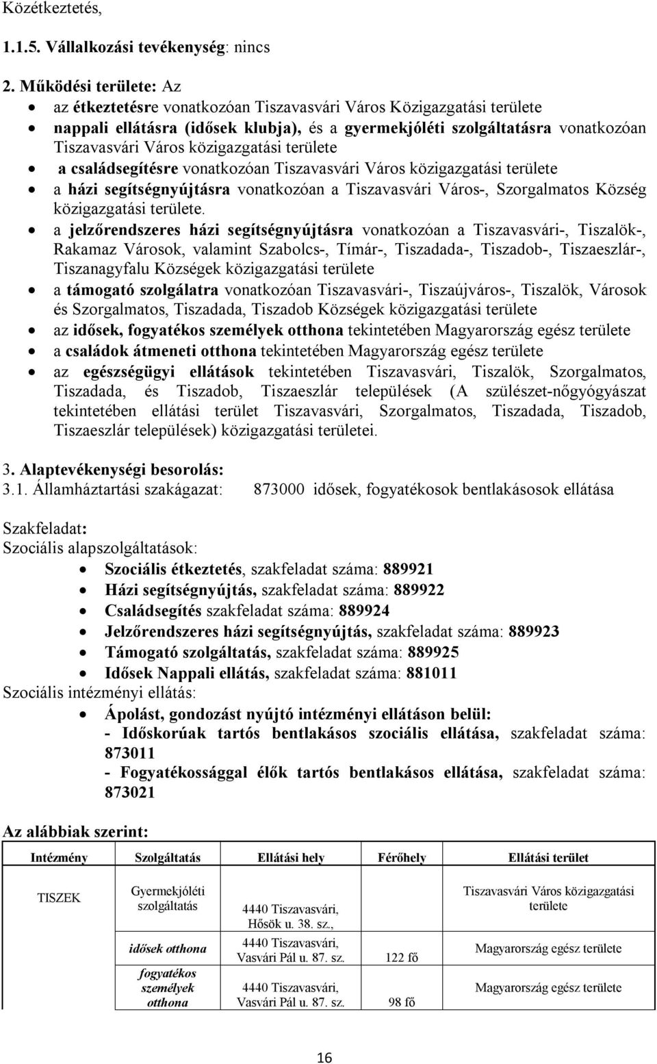 közigazgatási területe a családsegítésre vonatkozóan Tiszavasvári Város közigazgatási területe a házi segítségnyújtásra vonatkozóan a Tiszavasvári Város-, Szorgalmatos Község közigazgatási területe.