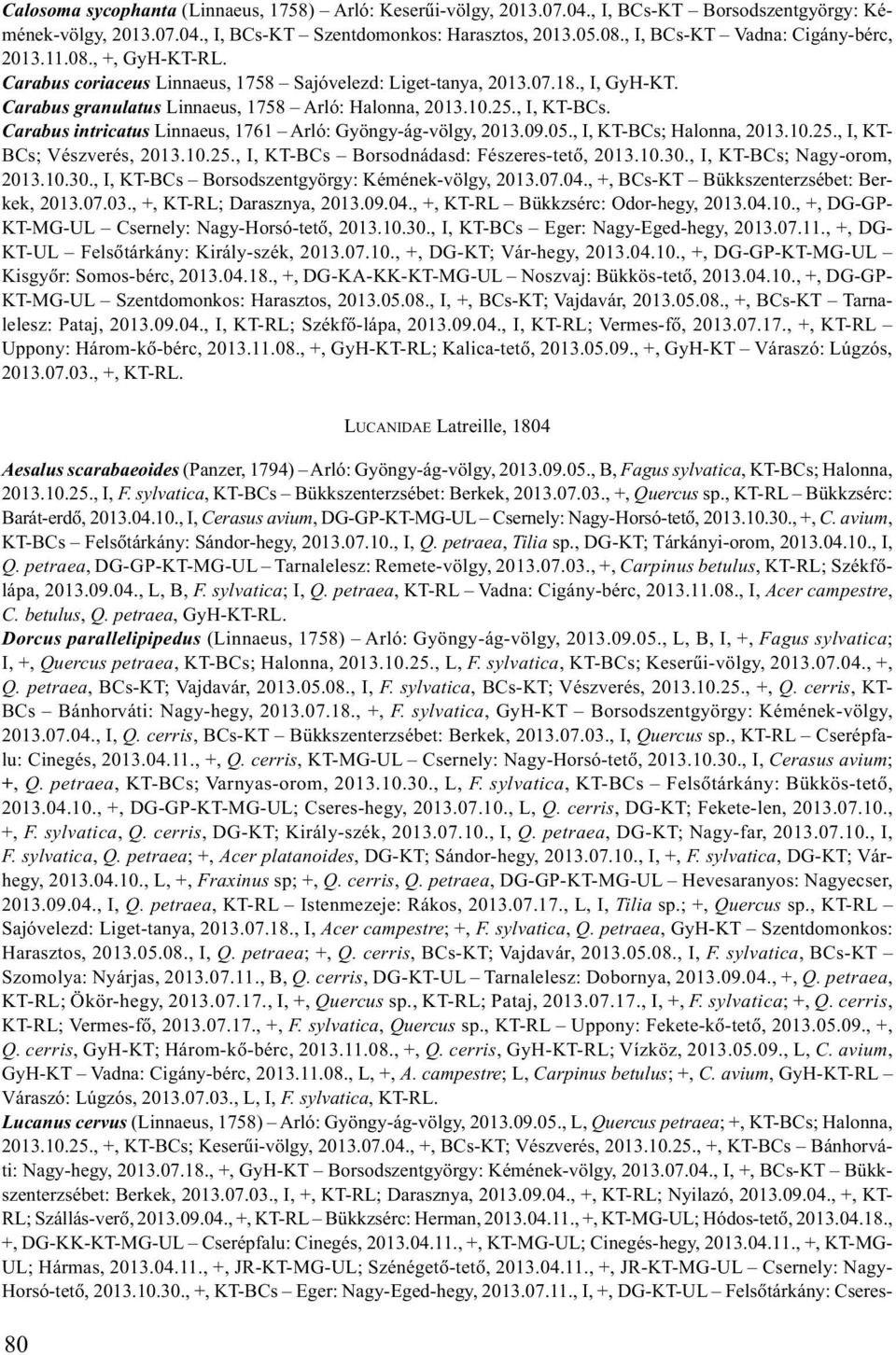 25., I, KT-BCs. Carabus intricatus Linnaeus, 1761 Arló: Gyöngy-ág-völgy, 2013.09.05., I, KT-BCs; Halonna, 2013.10.25., I, KT- BCs; Vészverés, 2013.10.25., I, KT-BCs Borsodnádasd: Fészeres-tetõ, 2013.