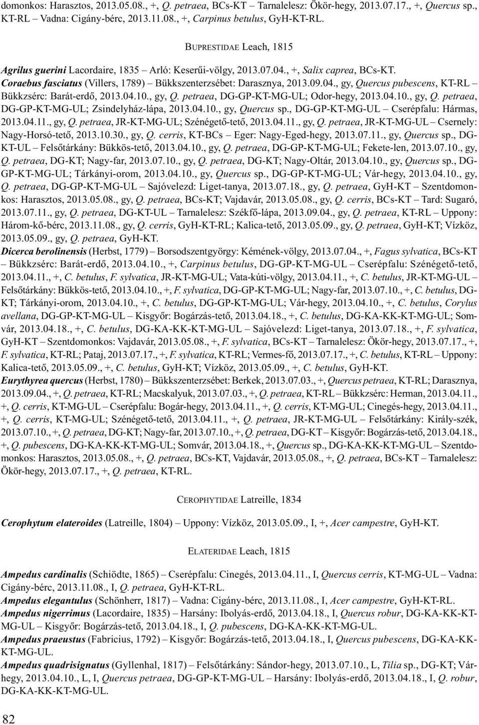 04.10., gy, Q. petraea, DG-GP-KT-MG-UL; Odor-hegy, 2013.04.10., gy, Q. petraea, DG-GP-KT-MG-UL; Zsindelyház-lápa, 2013.04.10., gy, Quercus sp., DG-GP-KT-MG-UL Cserépfalu: Hármas, 2013.04.11., gy, Q. petraea, JR-KT-MG-UL; Szénégetõ-tetõ, 2013.