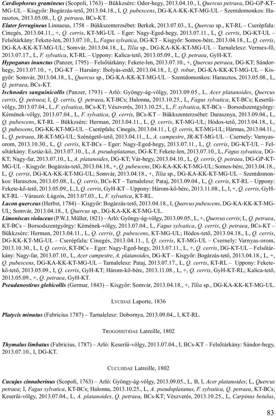 cerris, KT-MG-UL Eger: Nagy-Eged-hegy, 2013.07.11., L, Q. cerris, DG-KT-UL Felsõtárkány: Fekete-len, 2013.07.10., L, Fagus sylvatica, DG-KT Kisgyõr: Somos-bérc, 2013.04.18., L, Q. cerris, DG-KA-KK-KT-MG-UL; Somvár, 2013.