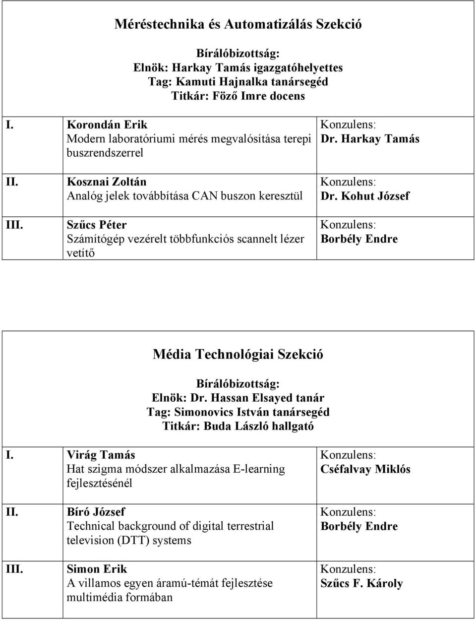 Harkay Tamás Kosznai Zoltán Analóg jelek továbbítása CAN buszon keresztül Szűcs Péter Számítógép vezérelt többfunkciós scannelt lézer vetítő Dr.