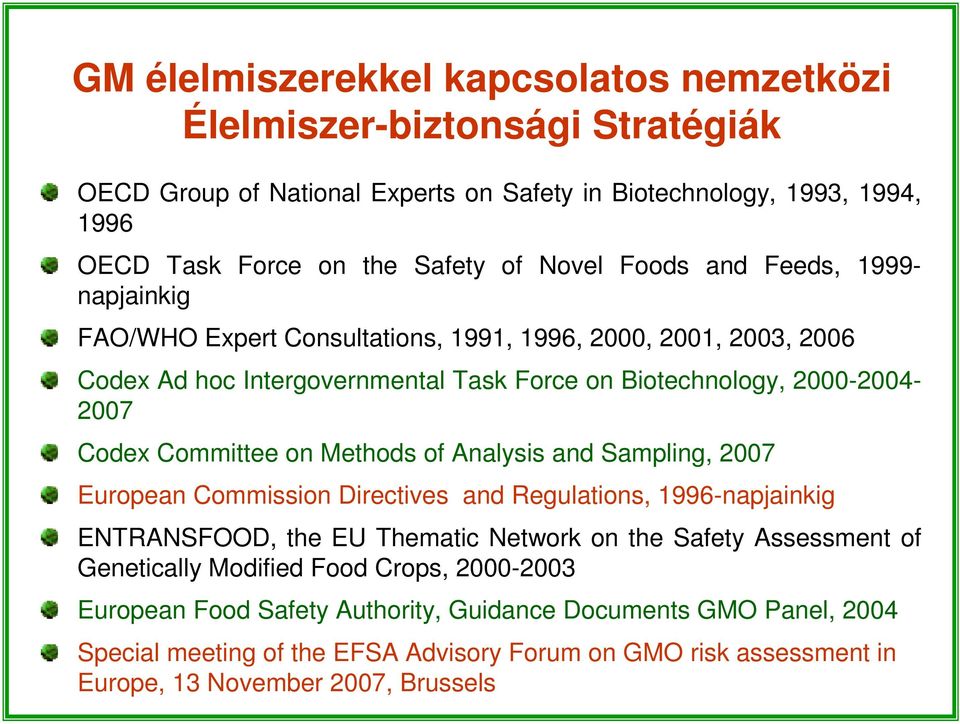 on Methods of Analysis and Sampling, 2007 European Commission Directives and Regulations, 1996-napjainkig ENTRANSFOOD, the EU Thematic Network on the Safety Assessment of Genetically Modified