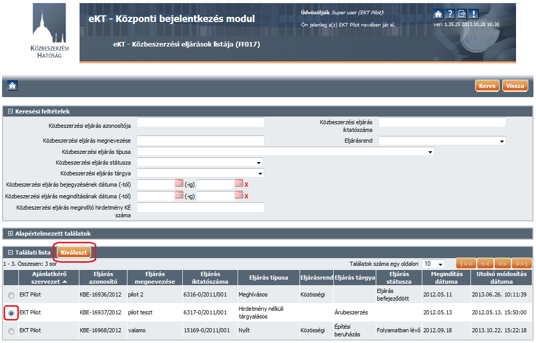 A kapcsolódó közbeszerzési eljárást a funkciógombra kattintva választhatjuk ki. A felület ilyenkor felkínálja az ajánlatkérőhöz tartozó összes (KBA-ban nyilvántartott) közbeszerzési eljárást 3.