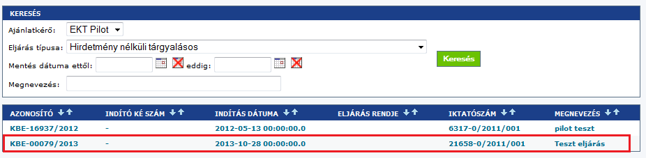 Az eljárás megjelenése a KBA publikus felületen: Az