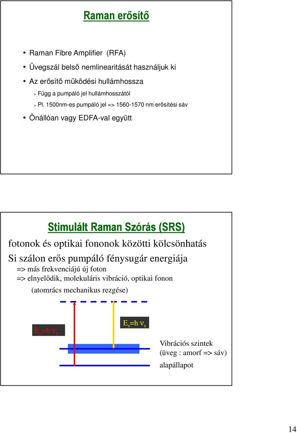 1500nm-es pumpáló jel => 1560-1570 nm erősítési sáv Önállóan vagy EDFA-val együtt Stimulált Raman Szórás (SRS) fotonok és optikai