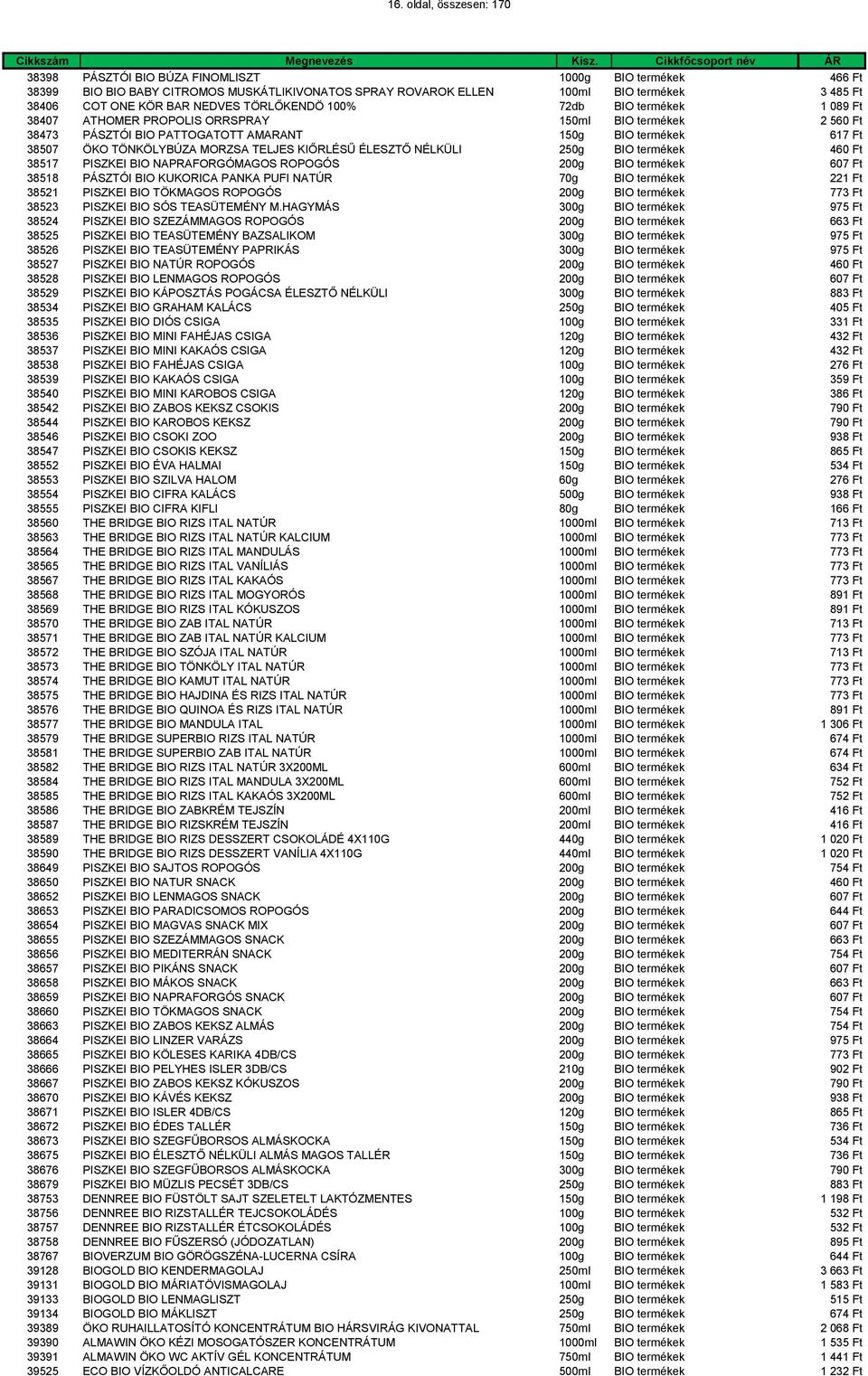 MORZSA TELJES KIŐRLÉSŰ ÉLESZTŐ NÉLKÜLI 250g BIO termékek 460 Ft 38517 PISZKEI BIO NAPRAFORGÓMAGOS ROPOGÓS 200g BIO termékek 607 Ft 38518 PÁSZTÓI BIO KUKORICA PANKA PUFI NATÚR 70g BIO termékek 221 Ft