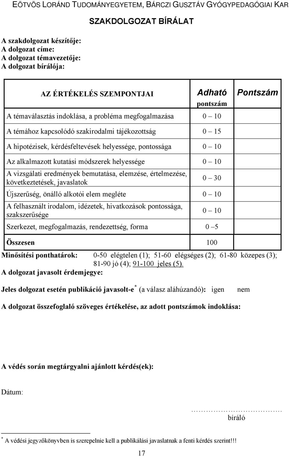 pontossága 0 10 Az alkalmazott kutatási módszerek helyessége 0 10 A vizsgálati eredmények bemutatása, elemzése, értelmezése, következtetések, javaslatok 0 30 Újszerűség, önálló alkotói elem megléte 0