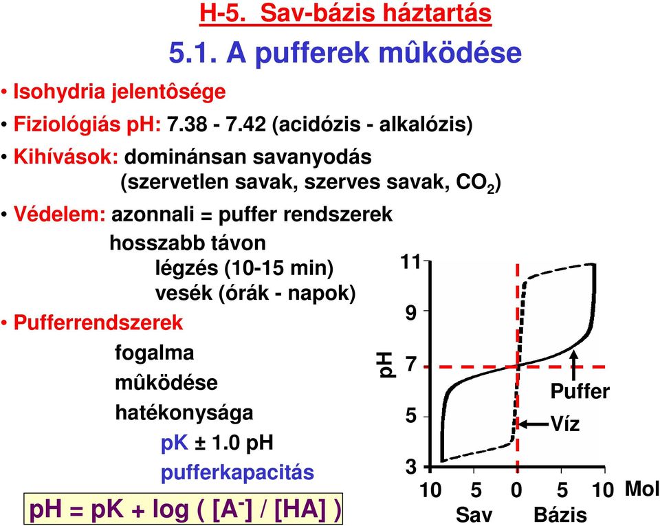 azonnali = puffer rendszerek hosszabb távon légzés (1015 min) vesék (órák napok) Pufferrendszerek fogalma