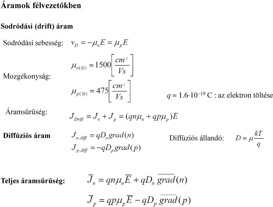 6 10 19 C : az elektron töltése Áramsűrűség: