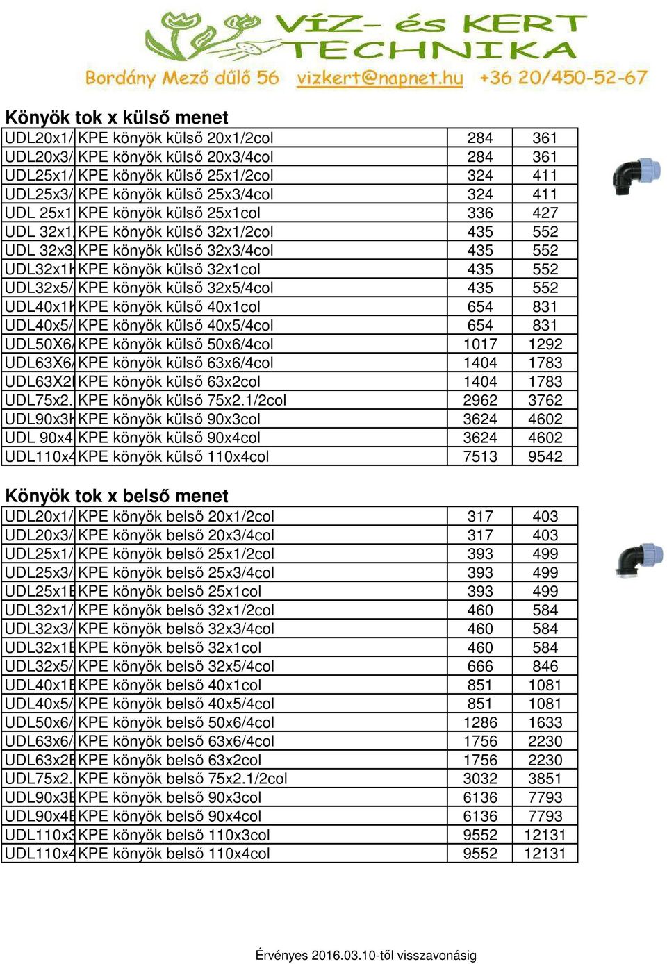 külső 32x5/4col 435 552 UDL40x1KKPE könyök külső 40x1col 654 831 UDL40x5/4KPE könyök külső 40x5/4col 654 831 UDL50X6/ KPE könyök külső 50x6/4col 1017 1292 UDL63X6/ KPE könyök külső 63x6/4col 1404