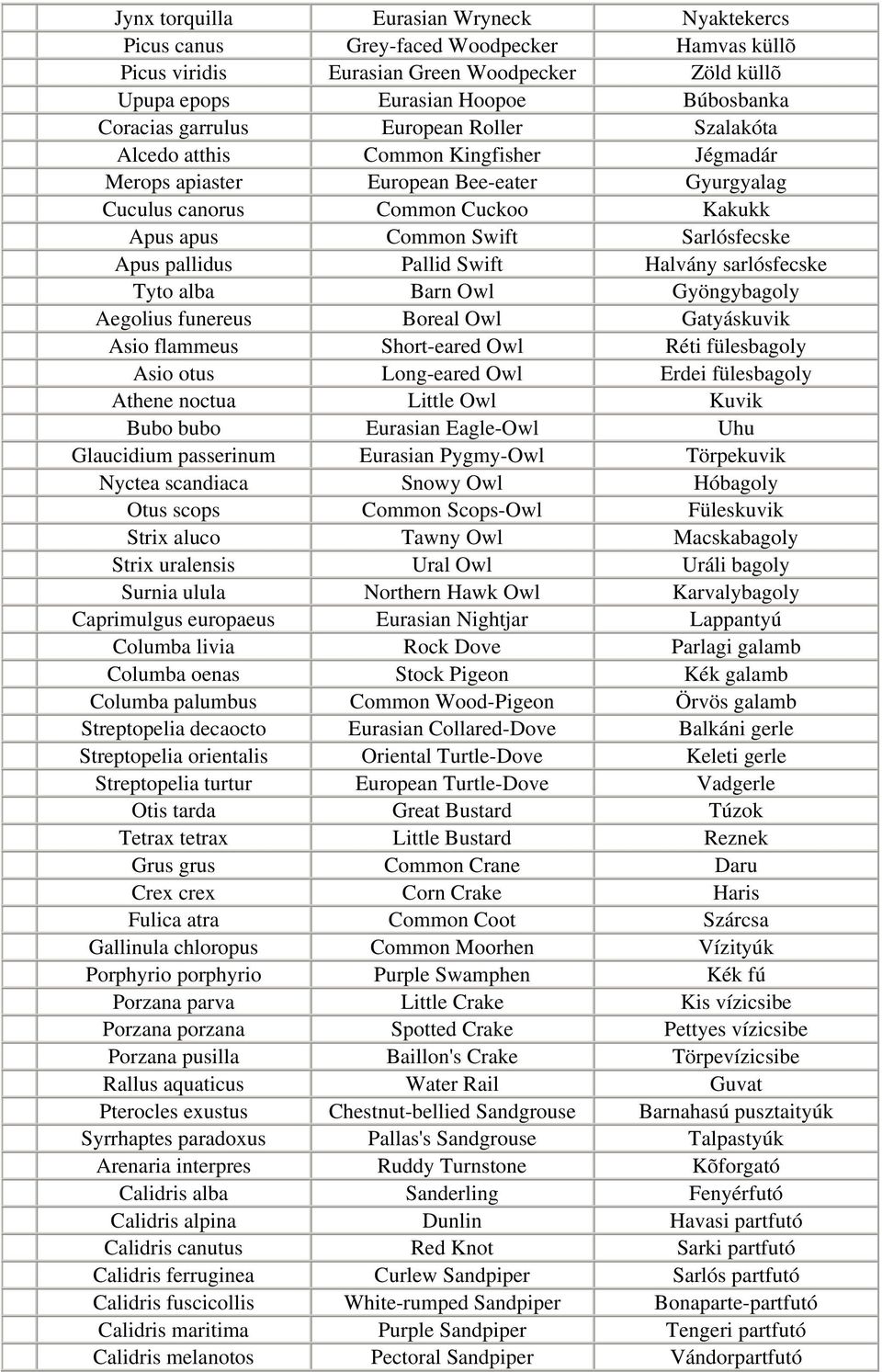 Pallid Swift Halvány sarlósfecske Tyto alba Barn Owl Gyöngybagoly Aegolius funereus Boreal Owl Gatyáskuvik Asio flammeus Short-eared Owl Réti fülesbagoly Asio otus Long-eared Owl Erdei fülesbagoly