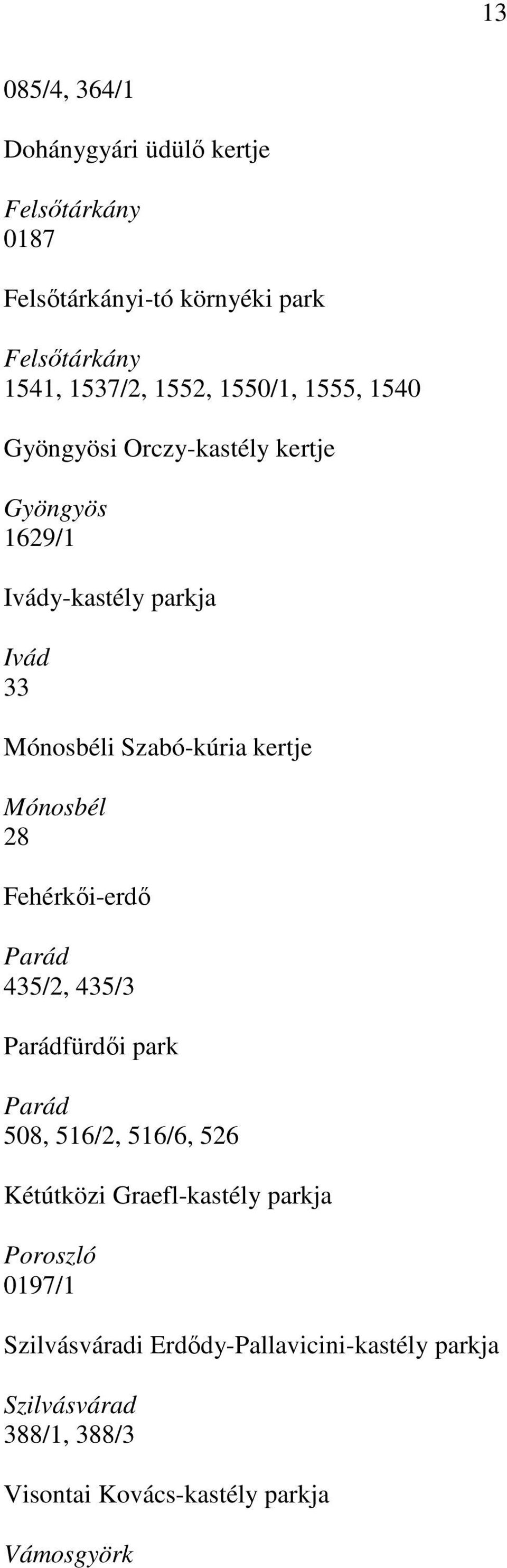 Mónosbél 28 Fehérkői-erdő Parád 435/2, 435/3 Parádfürdői park Parád 508, 516/2, 516/6, 526 Kétútközi Graefl-kastély parkja