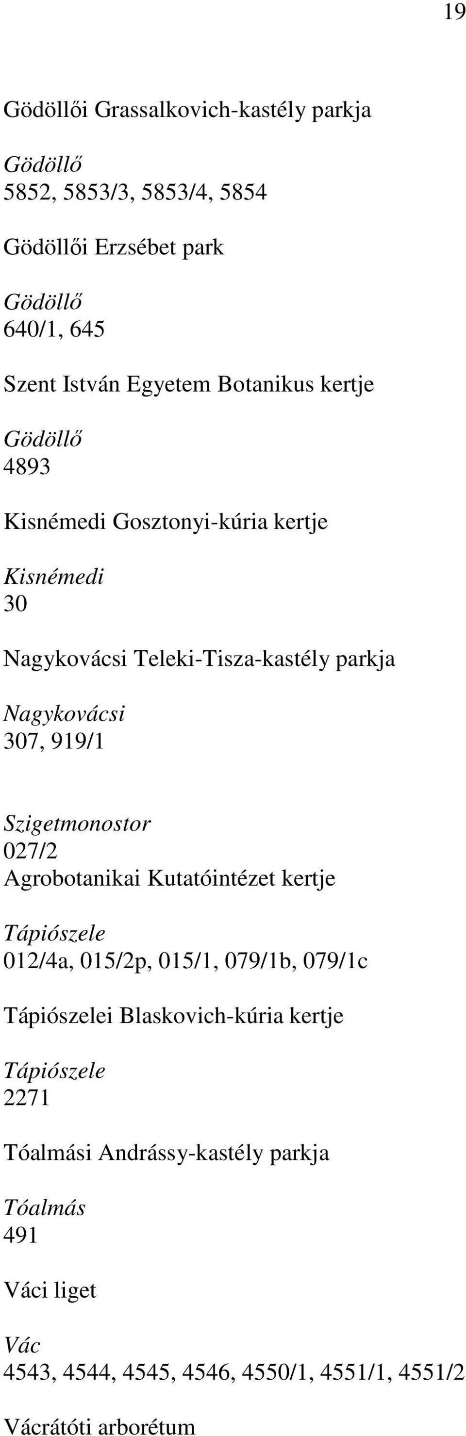 Szigetmonostor 027/2 Agrobotanikai Kutatóintézet kertje Tápiószele 012/4a, 015/2p, 015/1, 079/1b, 079/1c Tápiószelei Blaskovich-kúria kertje