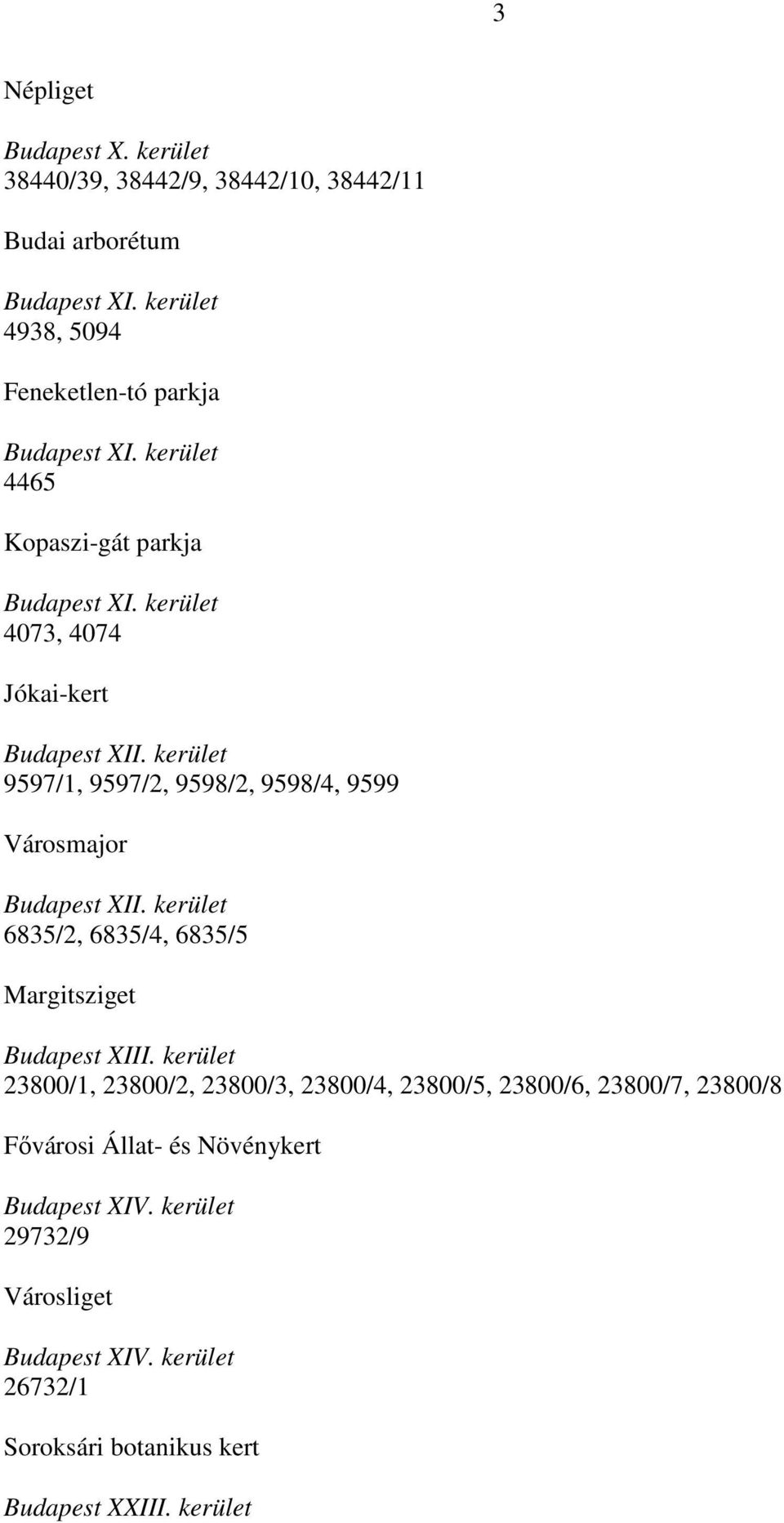 kerület 9597/1, 9597/2, 9598/2, 9598/4, 9599 Városmajor Budapest XII. kerület 6835/2, 6835/4, 6835/5 Margitsziget Budapest XIII.