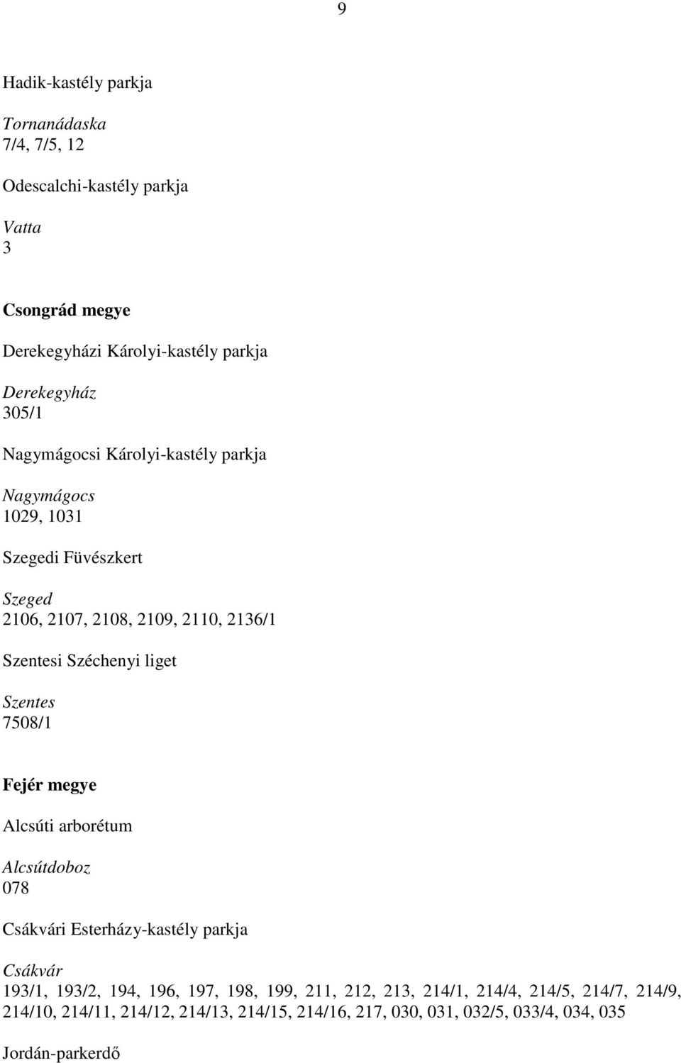 liget Szentes 7508/1 Fejér megye Alcsúti arborétum Alcsútdoboz 078 Csákvári Esterházy-kastély parkja Csákvár 193/1, 193/2, 194, 196, 197, 198, 199,