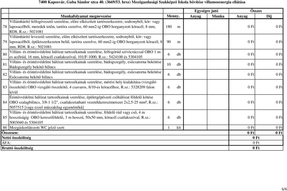 : 5021081 Villámhárító levezető szerelése, előre elkészített tartószerkezetre, sodronyból, kör- vagy 79 laposacélból, épületszerkezeten belül, tartóra szerelve, 60 mm2-ig OBO horganyzott köracél, 8