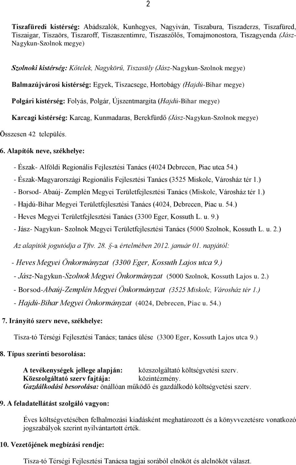 Folyás, Polgár, Újszentmargita (Hajdú-Bihar megye) Karcagi kistérség: Karcag, Kunmadaras, Berekfürdő (Jász-Nagykun-Szolnok megye) Összesen 42 település. 6.