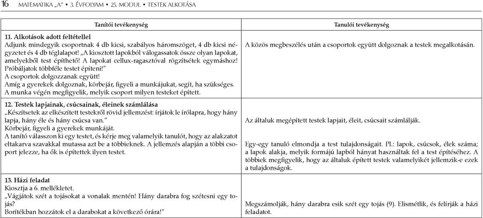 A kiosztott lapokból válogassatok össze olyan lapokat, amelyekből test építhető! A lapokat cellux-ragasztóval rögzítsétek egymáshoz! Próbáljatok többféle testet építeni!