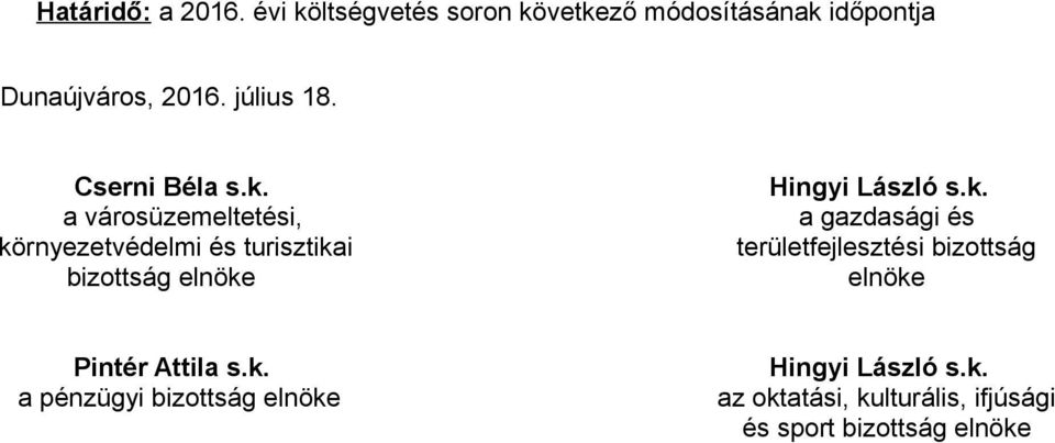 a városüzemeltetési, környezetvédelmi és turisztikai bizottság elnöke Hingyi László s.k. a gazdasági és területfejlesztési bizottság elnöke Pintér Attila s.