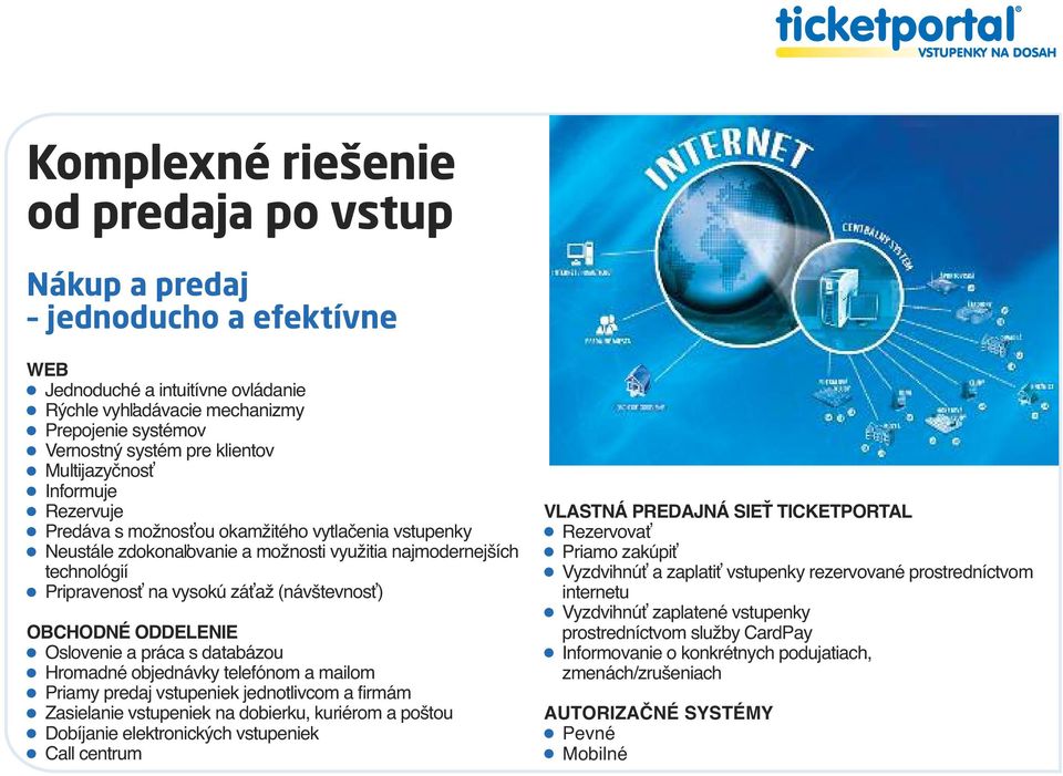 vysokú záťaž (návštevnosť) OBcHODNé ODDELENIE l Oslovenie a práca s databázou l Hromadné objednávky telefónom a mailom l Priamy predaj vstupeniek jednotlivcom a firmám l Zasielanie vstupeniek na