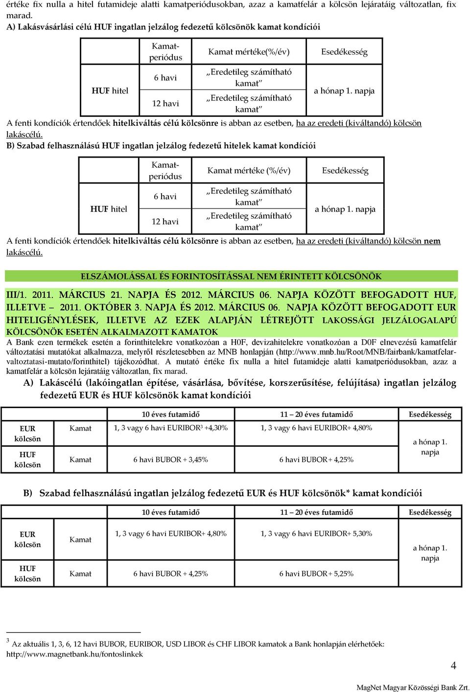 hitelkiváltás célú re is abban az esetben, ha az eredeti (kiváltandó) B) Szabad felhasználású ingatlan jelzálog fedezetű hitelek kamat kondíciói hitel periódus periódus 6 havi 12 havi mértéke (%/év)