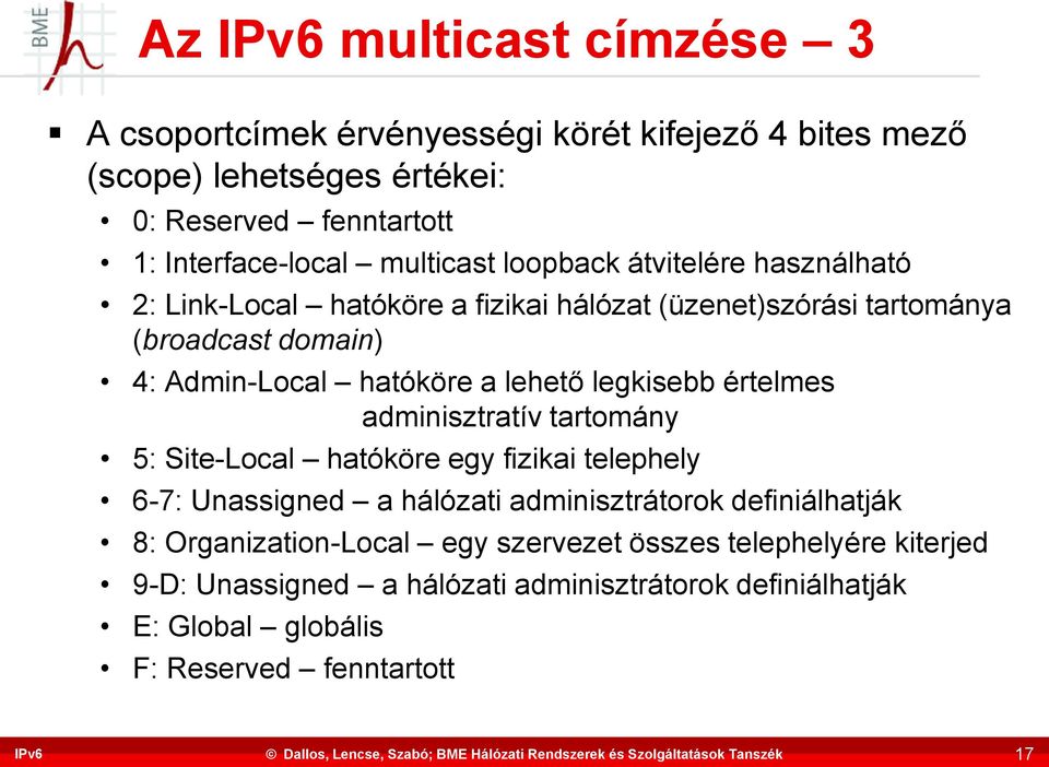 lehető legkisebb értelmes adminisztratív tartomány 5: Site-Local hatóköre egy fizikai telephely 6-7: Unassigned a hálózati adminisztrátorok definiálhatják 8: