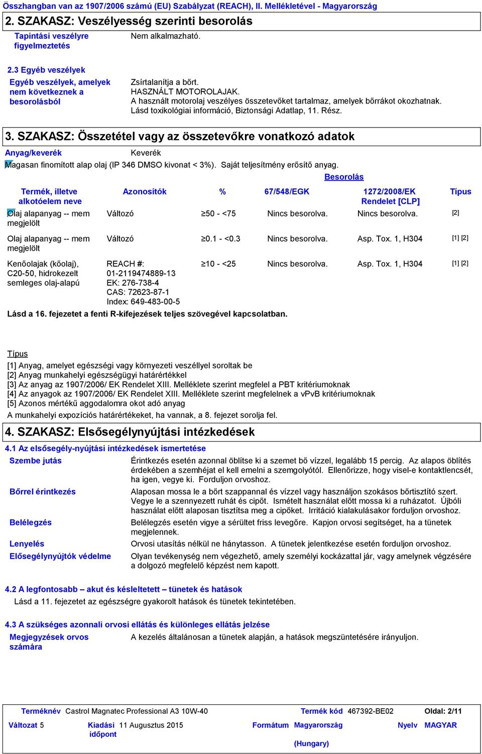 SZAKASZ: Összetétel vagy az összetevőkre vonatkozó adatok Anyag/keverék Keverék Magasan finomított alap olaj (IP 346 DMSO kivonat < 3%). Saját teljesítmény erősítő anyag.