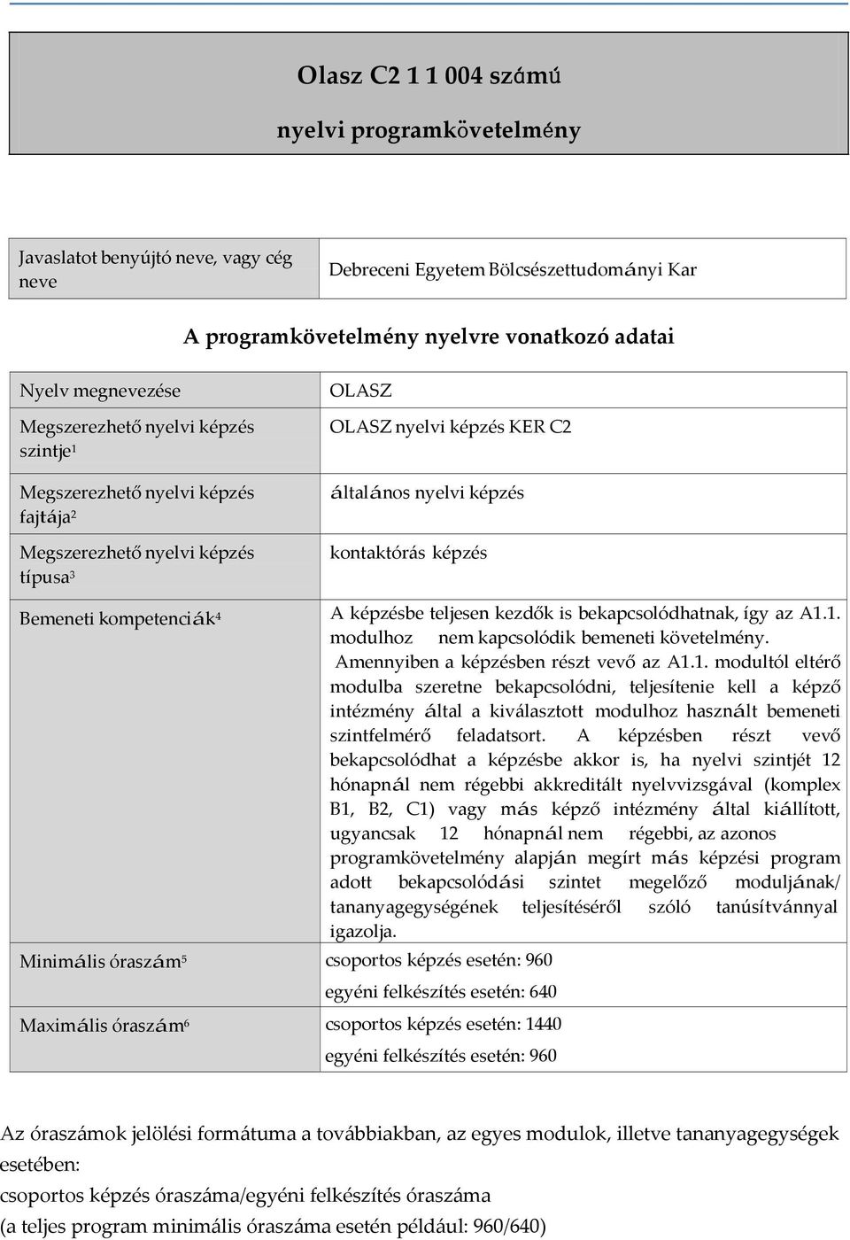 kompetenciák 4 Minimális óraszám 5 csoportos képzés esetén: 960 A képzésbe teljesen kezdők is bekapcsolódhatnak, így az A1.1. modulhoz nem kapcsolódik bemeneti követelmény.