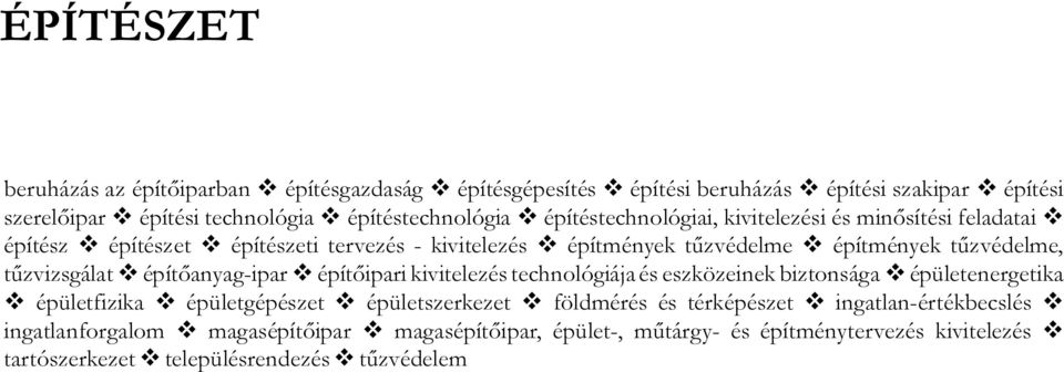 v építőanyag-ipar v építőipari kivitelezés technológiája és eszközeinek biztonsága v épületenergetika v épületfizika v épületgépészet v épületszerkezet v földmérés és