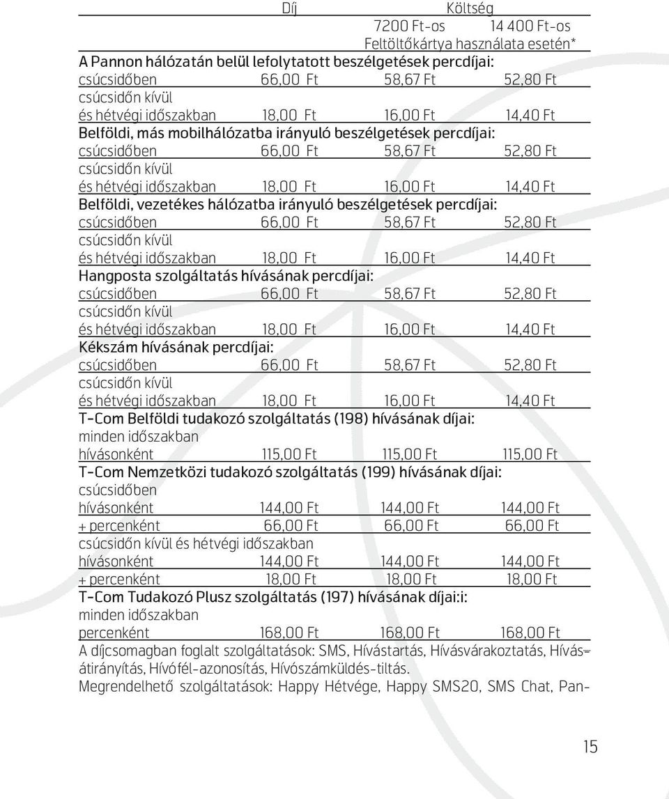 hálózatba irányuló beszélgetések percdíjai: csúcsidőben 66,00 Ft 58,67 Ft 52,80 Ft és hétvégi időszakban 18,00 Ft 16,00 Ft 14,40 Ft Hangposta szolgáltatás hívásának percdíjai: csúcsidőben 66,00 Ft