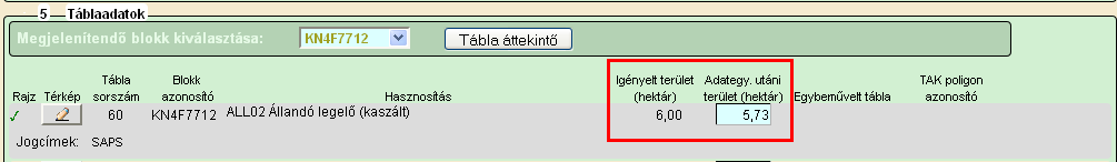 Adott táblánál az adategyeztetett terület megadása után (alábbi példánkban a 60.