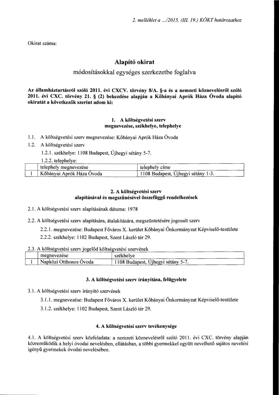 A költségvetési szerv megnevezése, székhelye, telephelye 1.1. A költségvetési szerv megnevezése: Kőbányai Aprók Háza Óvoda 1.2. A költségvetési szerv 1.2.1. székhelye: ll 08 Budapest, Újhegyi sétány 5-7.