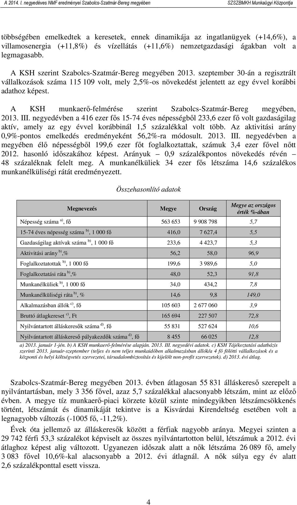 A KSH munkaerı-felmérése szerint Szabolcs-Szatmár-Bereg megyében, 2013. III.