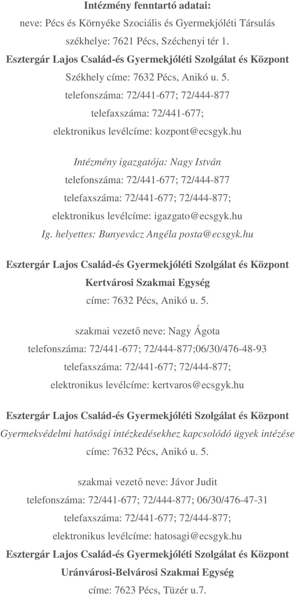 hu Kertvárosi Szakmai Egység címe: 7632 Pécs, Anikó u. 5. szakmai vezető neve: Nagy Ágota ;06/30/476-48-93 elektronikus levélcíme: kertvaros@ecsgyk.