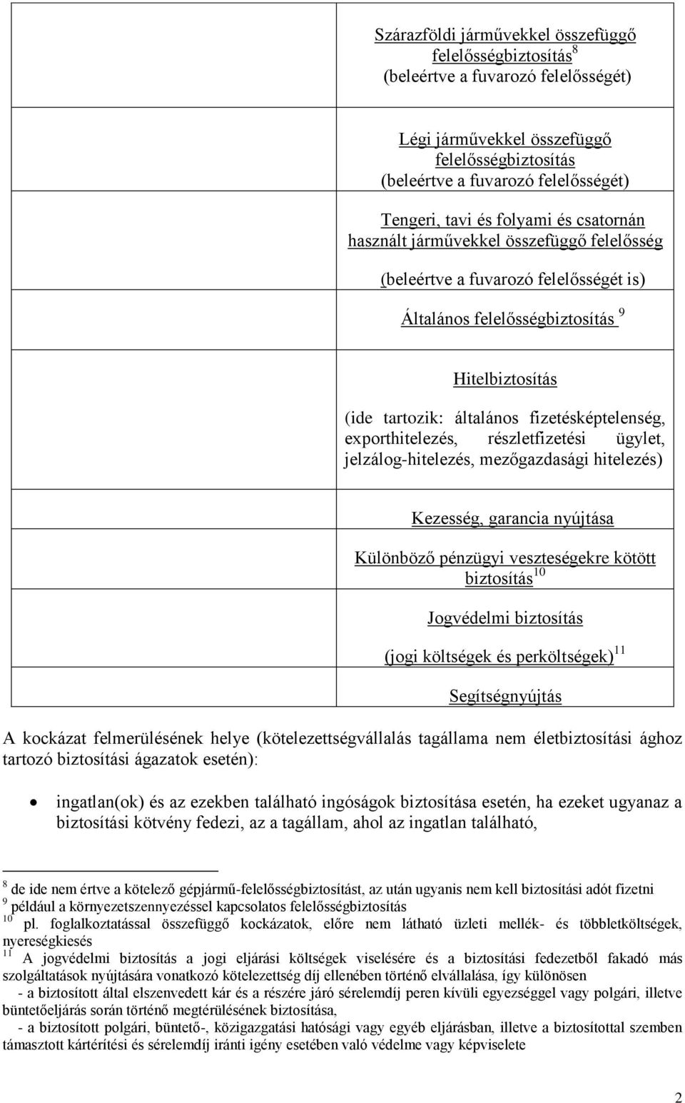 exporthitelezés, részletfizetési ügylet, jelzálog-hitelezés, mezőgazdasági hitelezés) Kezesség, garancia nyújtása Különböző pénzügyi veszteségekre kötött biztosítás 10 Jogvédelmi biztosítás (jogi