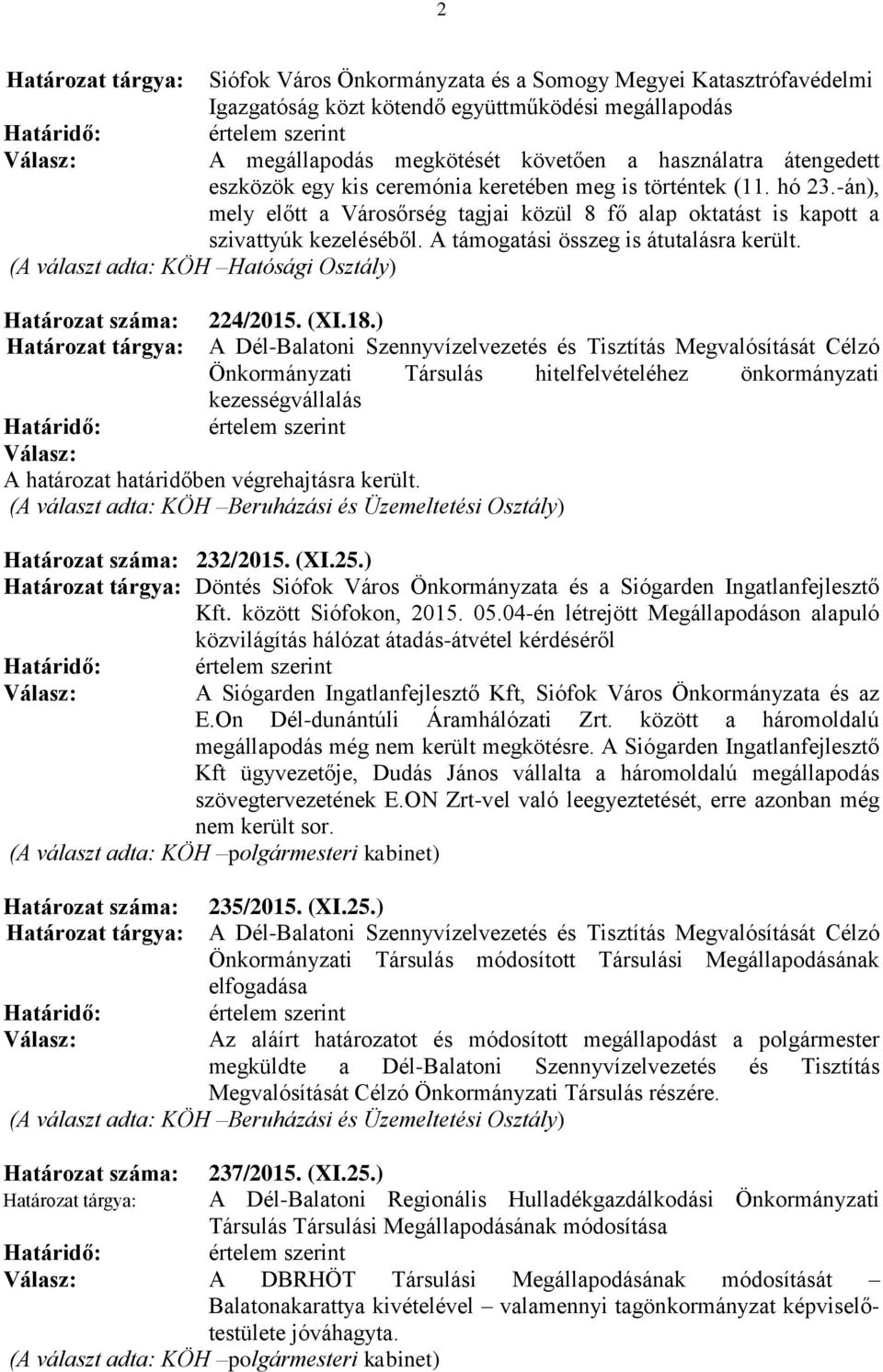 A támogatási összeg is átutalásra került. (A választ adta: KÖH Hatósági Osztály) Határozat száma: Határozat tárgya: 224/2015. (XI.18.