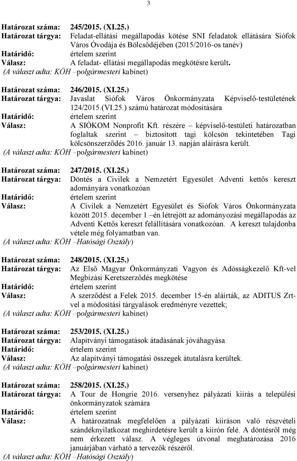 Határozat száma: 246/2015. (XI.25.) Határozat tárgya: Javaslat Siófok Város Önkormányzata Képviselő-testületének 124/2015.(VI.25.) számú határozat módosítására A SIÓKOM Nonprofit Kft.