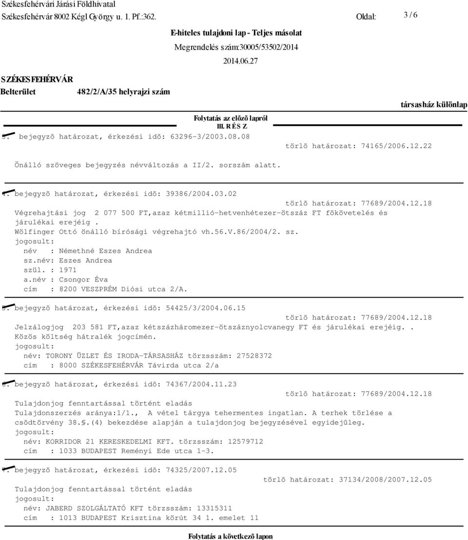 Wölfinger Ottó önálló bírósági végrehajtó vh.56.v.86/2004/2. sz. név : Némethné Eszes Andrea sz.név: Eszes Andrea szül. : 1971 a.név : Csongor Éva cím : 8200 VESZPRÉM Diósi utca 2/A. 5.