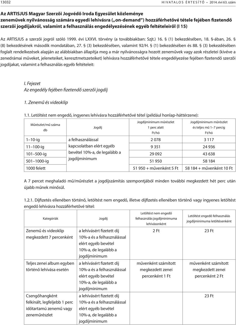 a felhasználás engedélyezésének egyéb feltételeiről (I 15) Az ARTISJUS a szerzői jogról szóló 1999. évi LXXVI. törvény (a továbbiakban: Szjt.) 16. (1) bekezdésében, 18. -ában, 26.