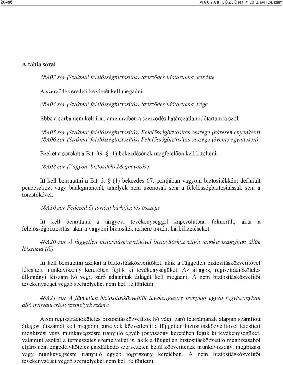 48A05 sor (Szakmai felelősségbiztosítás) Felelősségbiztosítás összege (káreseményenként) 48A06 sor (Szakmai felelősségbiztosítás) Felelősségbiztosítás összege (évente együttesen) Ezeket a sorokat a