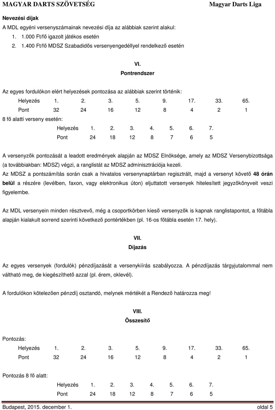 Pont 24 18 12 8 7 6 5 A versenyzők pontozását a leadott eredmények alapján az MDSZ Elnöksége, amely az MDSZ Versenybizottsága (a továbbiakban: MDSZ) végzi, a ranglistát az MDSZ adminisztrációja