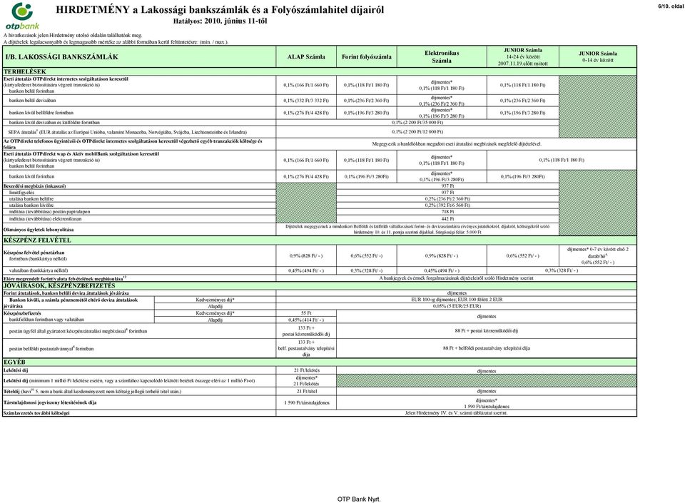 ügyintézői és OTPdirekt internetes szolgáltatáson keresztül végezhető egyéb tranzakciók költsége és felára Eseti átutalás OTPdirekt wap és Aktív mobilbank szolgáltatáson keresztül (kártyafedezet