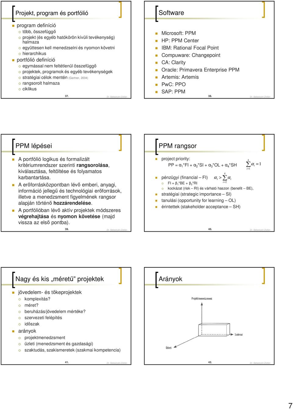 Sebestyén Zoltán Microsoft: PPM HP: PPM Center IBM: Rational Focal Point Compuware: Changepoint CA: Clarity Oracle: Primavera Enterprise PPM Artemis: Artemis PwC: PPO SAP: PPM 38. Dr.